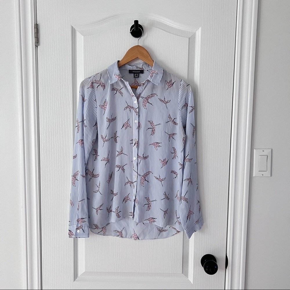Pink Bird Blue Stripe Blouse